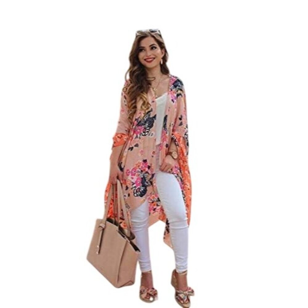 Moss Rose Kimono Cover Up Women O/S Peach Boho Beachy Cottage Grannycore Coastal